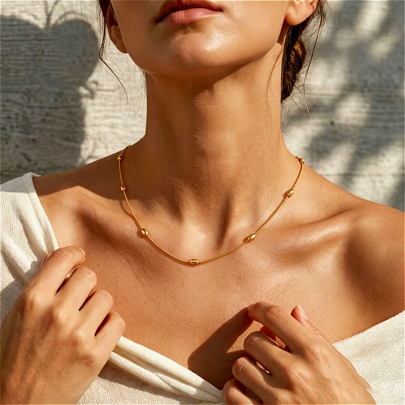 Exquisite Women's 316L Stainless Steel Oval Fixed Bead Necklace